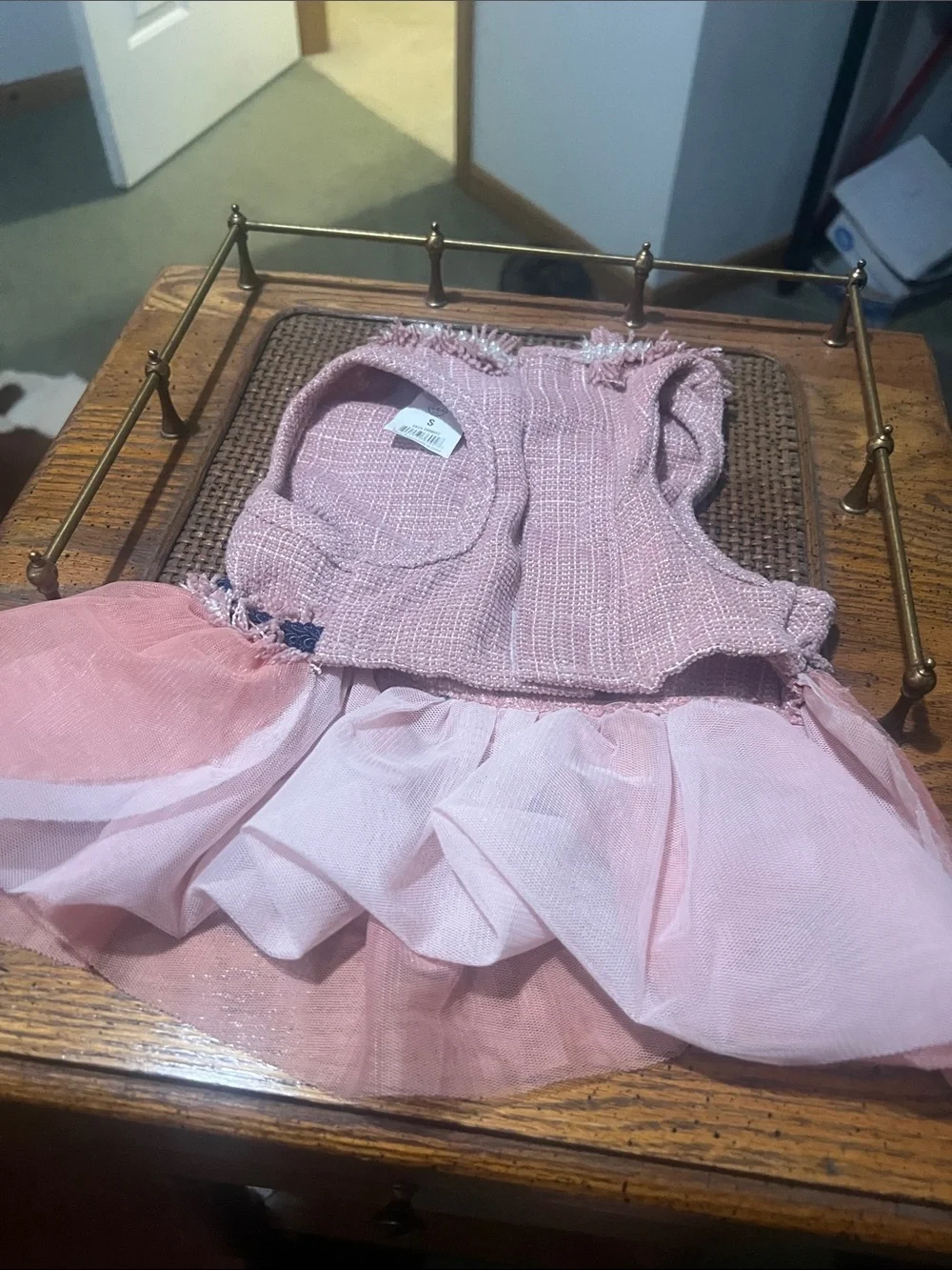 Pink Tweed & Navy Trim Dog Tulle Dress